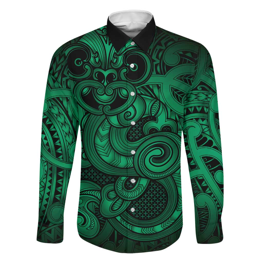 Aotearoa Maori Hei Tiki Family Matching Mermaid Dress and Hawaiian Shirt Kakariki Kowhaiwhai Puhoro Motif LT9 Dad's Shirt - Long Sleeve Green - Polynesian Pride