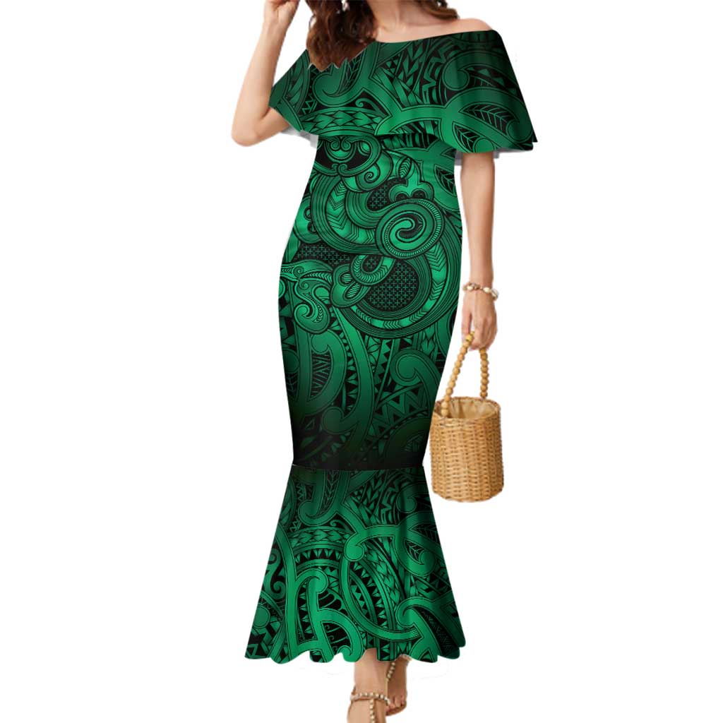 Aotearoa Maori Hei Tiki Family Matching Mermaid Dress and Hawaiian Shirt Kakariki Kowhaiwhai Puhoro Motif LT9 Mom's Dress Green - Polynesian Pride