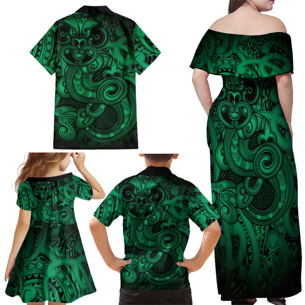 Aotearoa Maori Hei Tiki Family Matching Off Shoulder Maxi Dress and Hawaiian Shirt Kakariki Kowhaiwhai Puhoro Motif LT9 - Polynesian Pride