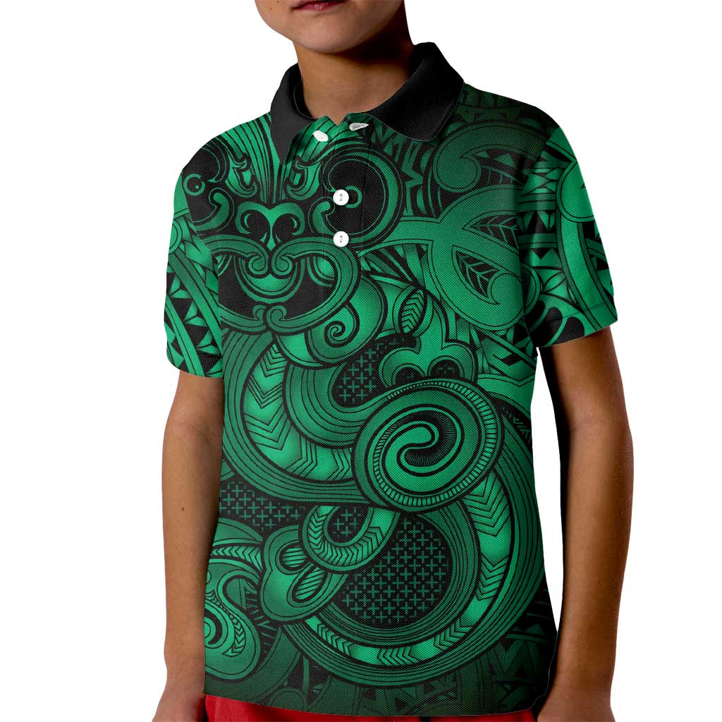 Aotearoa Maori Hei Tiki Kid Polo Shirt Kakariki Kowhaiwhai Puhoro Motif