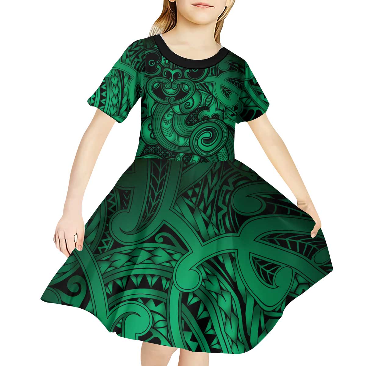 Aotearoa Maori Hei Tiki Kid Short Sleeve Dress Kakariki Kowhaiwhai Puhoro Motif LT9 - Polynesian Pride