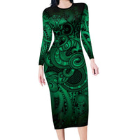 Aotearoa Maori Hei Tiki Long Sleeve Bodycon Dress Kakariki Kowhaiwhai Puhoro Motif LT9 Long Dress Green - Polynesian Pride