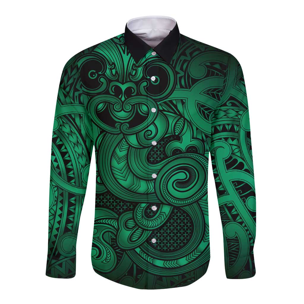 Aotearoa Maori Hei Tiki Long Sleeve Button Shirt Kakariki Kowhaiwhai Puhoro Motif