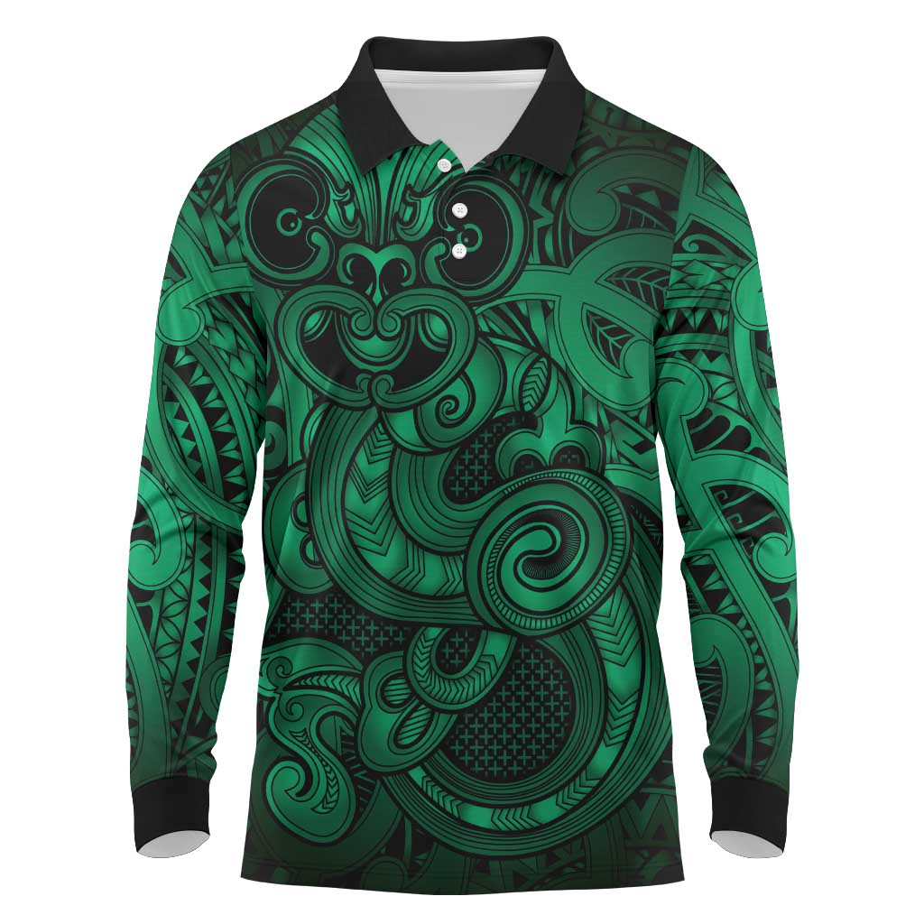 Aotearoa Maori Hei Tiki Long Sleeve Polo Shirt Kakariki Kowhaiwhai Puhoro Motif LT9 Green - Polynesian Pride
