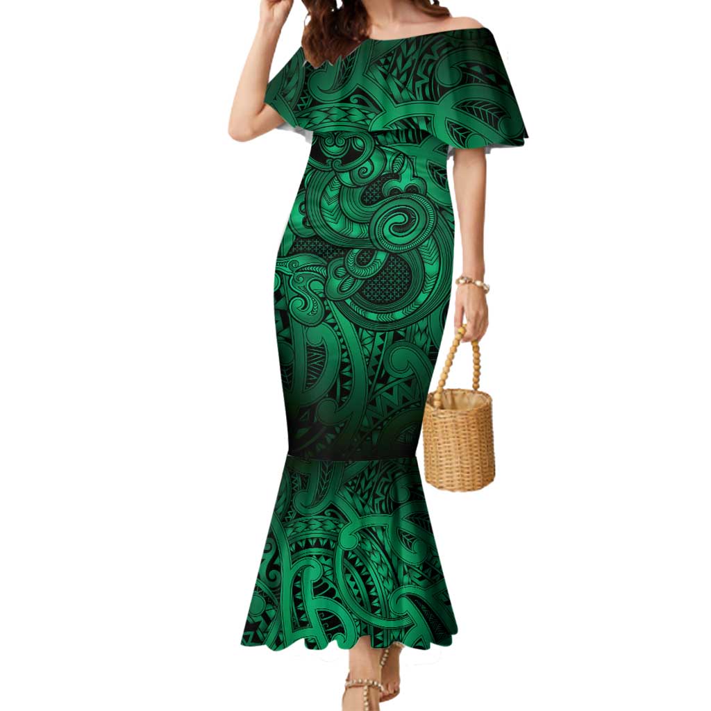 Aotearoa Maori Hei Tiki Mermaid Dress Kakariki Kowhaiwhai Puhoro Motif