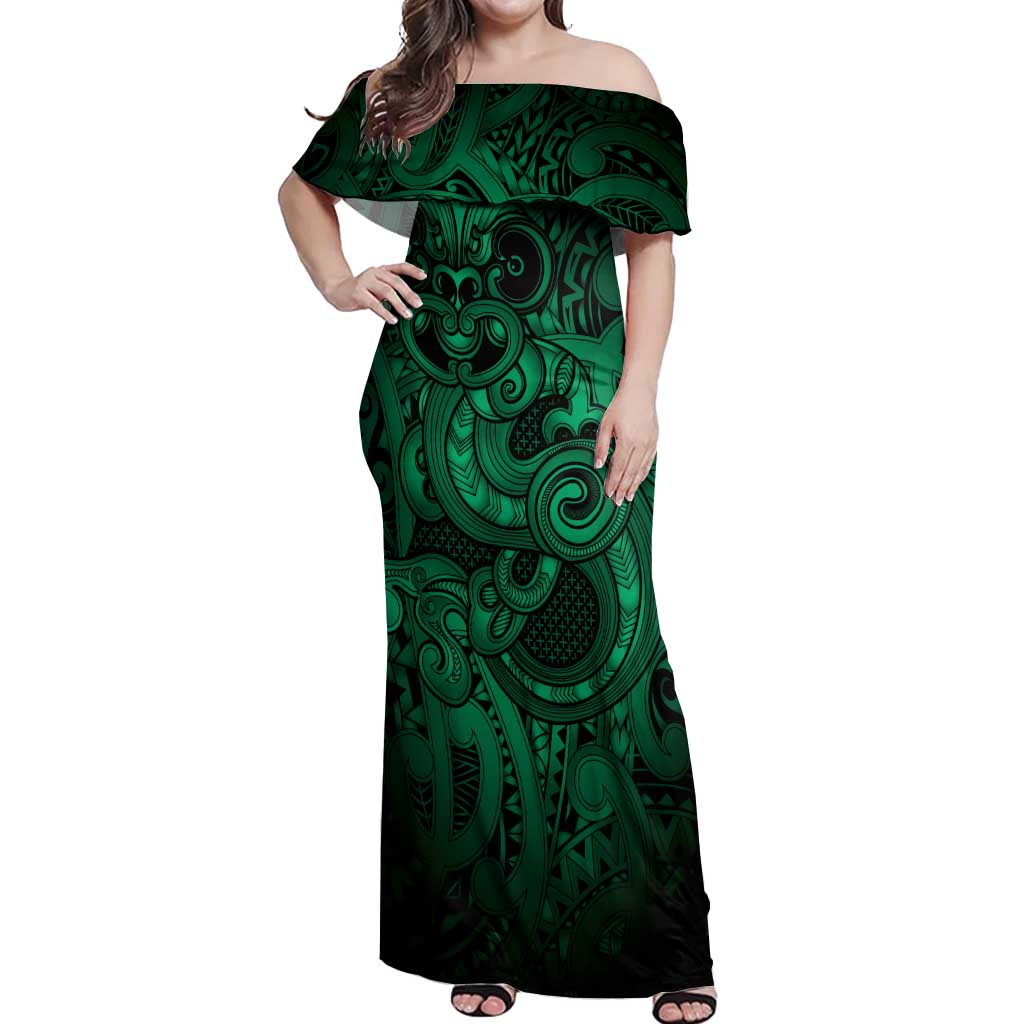 Aotearoa Maori Hei Tiki Off Shoulder Maxi Dress Kakariki Kowhaiwhai Puhoro Motif