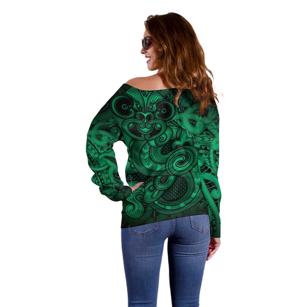 Aotearoa Maori Hei Tiki Off Shoulder Sweater Kakariki Kowhaiwhai Puhoro Motif
