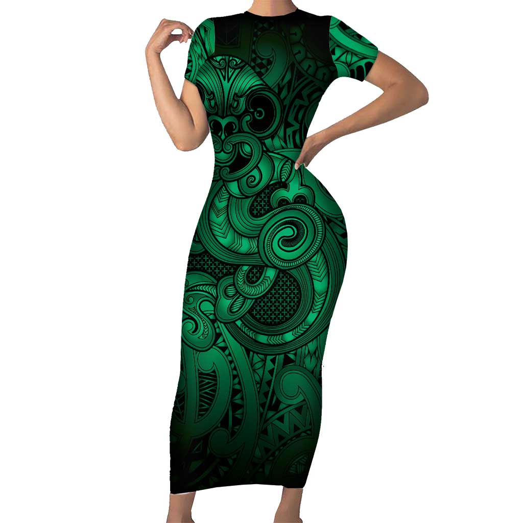 Aotearoa Maori Hei Tiki Short Sleeve Bodycon Dress Kakariki Kowhaiwhai Puhoro Motif LT9 Long Dress Green - Polynesian Pride