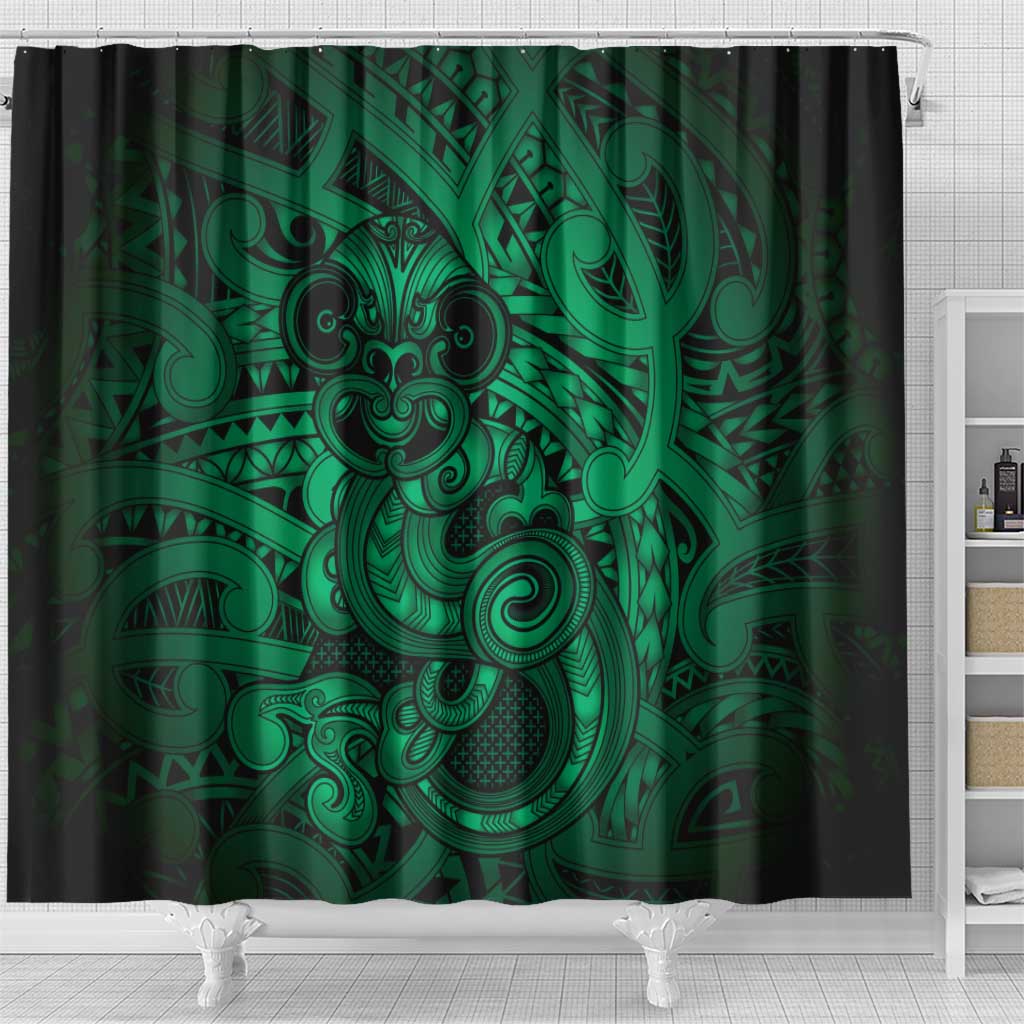 Aotearoa Maori Hei Tiki Shower Curtain Kakariki Kowhaiwhai Puhoro Motif