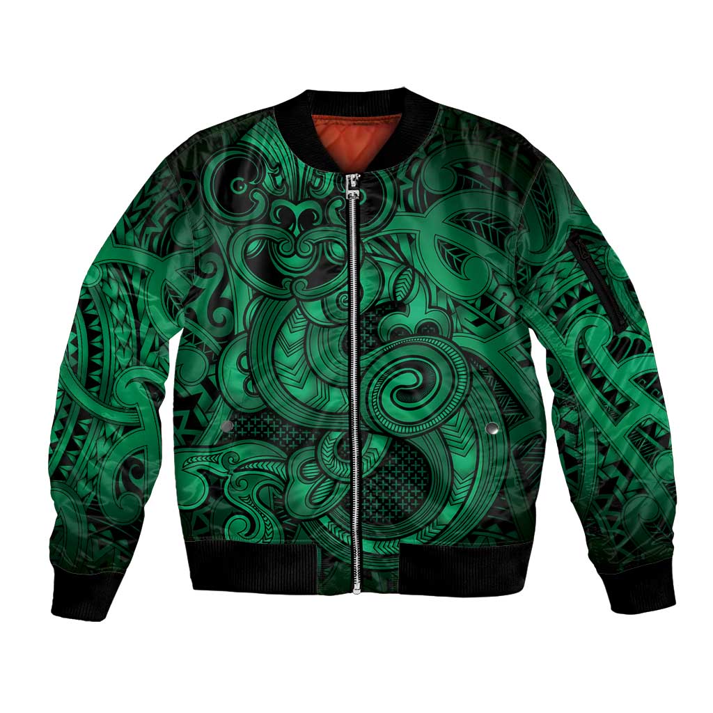 Aotearoa Maori Hei Tiki Sleeve Zip Bomber Jacket Kakariki Kowhaiwhai Puhoro Motif