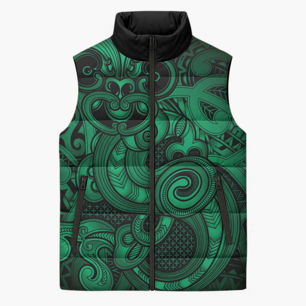 Aotearoa Maori Hei Tiki Sleeveless Puffer Jacket Kakariki Kowhaiwhai Puhoro Motif LT9 Unisex Green - Polynesian Pride