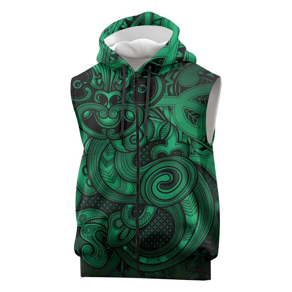 Aotearoa Maori Hei Tiki Sleeveless Zip Hoodie Kakariki Kowhaiwhai Puhoro Motif LT9 Green - Polynesian Pride
