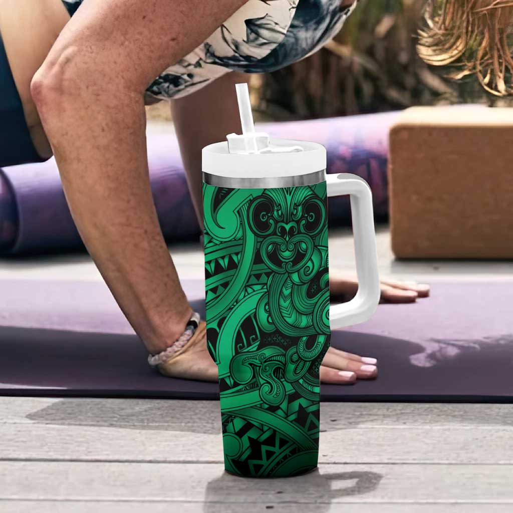 Aotearoa Maori Hei Tiki Tumbler With Handle Kakariki Kowhaiwhai Puhoro Motif