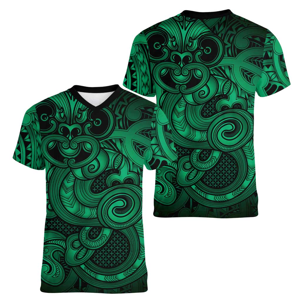 Aotearoa Maori Hei Tiki Women V-Neck T-Shirt Kakariki Kowhaiwhai Puhoro Motif LT9 - Polynesian Pride
