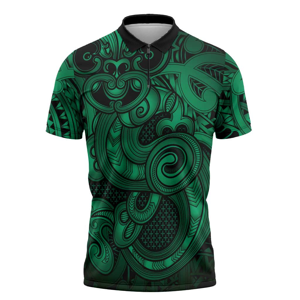 Aotearoa Maori Hei Tiki Zipper Polo Shirt Kakariki Kowhaiwhai Puhoro Motif LT9 Green - Polynesian Pride