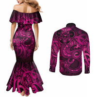 Aotearoa Maori Hei Tiki Couples Matching Mermaid Dress and Long Sleeve Button Shirt Mawhero Kowhaiwhai Puhoro Motif LT9 - Polynesian Pride