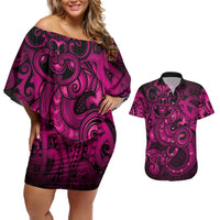 Aotearoa Maori Hei Tiki Couples Matching Off Shoulder Short Dress and Hawaiian Shirt Mawhero Kowhaiwhai Puhoro Motif LT9 Pink - Polynesian Pride