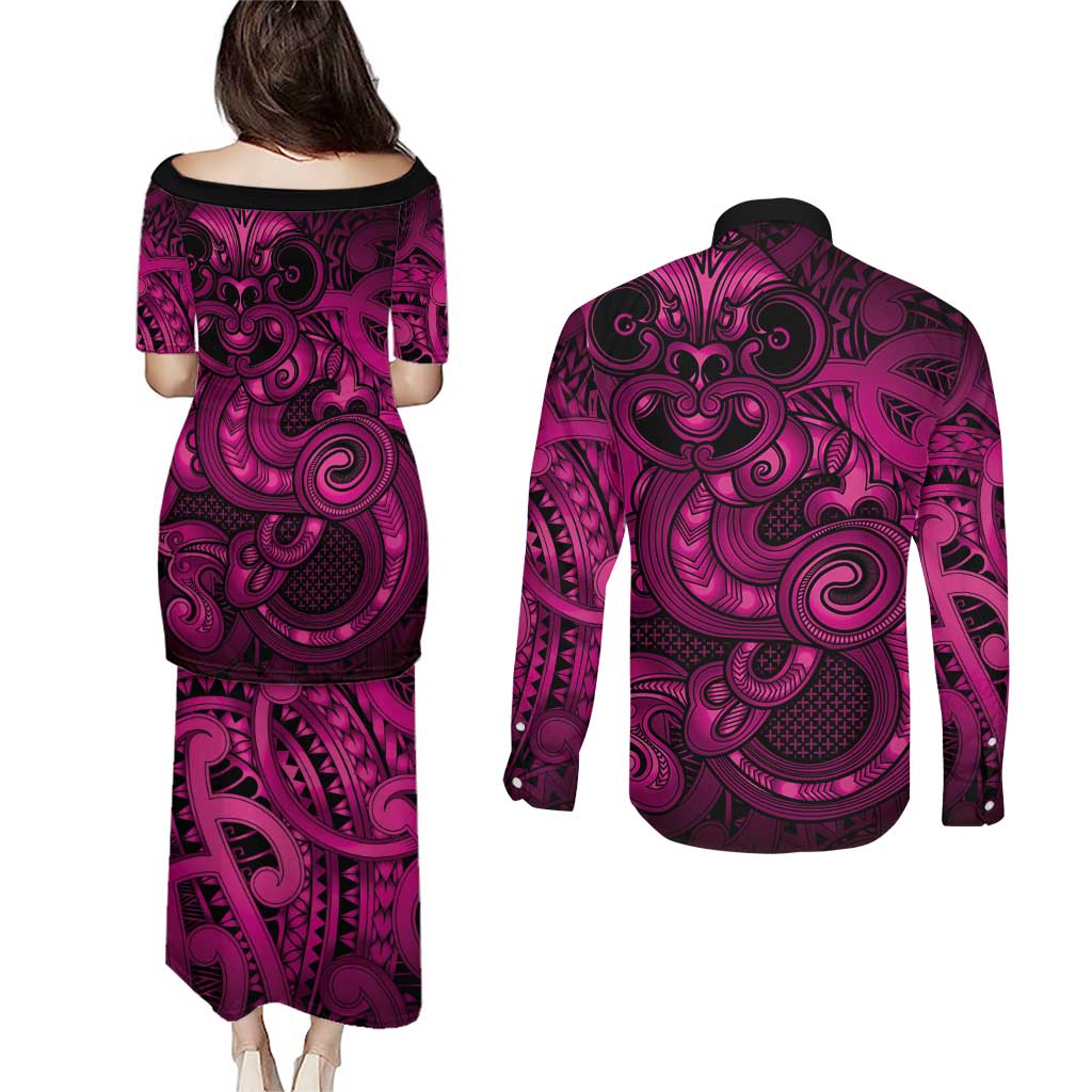 Aotearoa Maori Hei Tiki Couples Matching Puletasi and Long Sleeve Button Shirt Mawhero Kowhaiwhai Puhoro Motif LT9 - Polynesian Pride