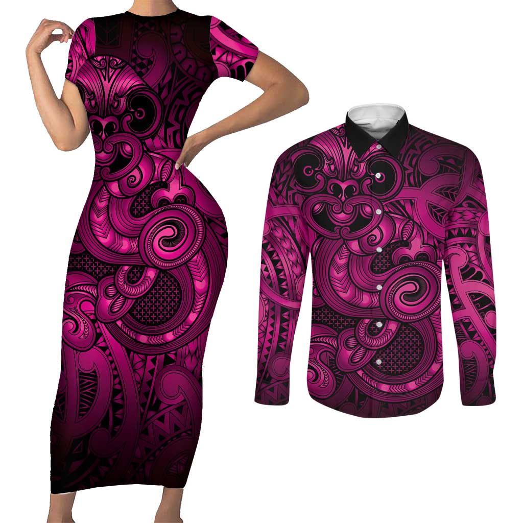 Aotearoa Maori Hei Tiki Couples Matching Short Sleeve Bodycon Dress and Long Sleeve Button Shirt Mawhero Kowhaiwhai Puhoro Motif LT9 Pink - Polynesian Pride