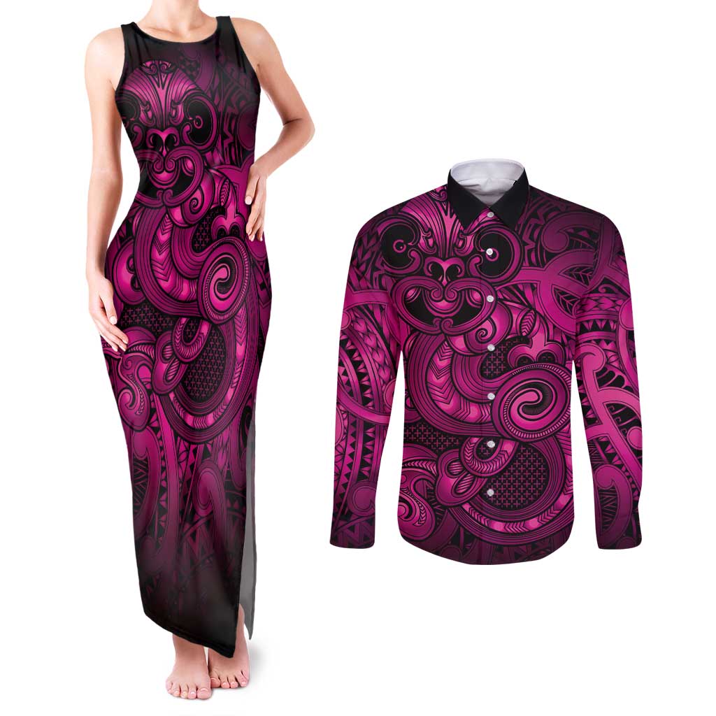 Aotearoa Maori Hei Tiki Couples Matching Tank Maxi Dress and Long Sleeve Button Shirt Mawhero Kowhaiwhai Puhoro Motif LT9 Pink - Polynesian Pride