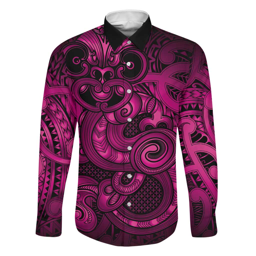 Aotearoa Maori Hei Tiki Family Matching Long Sleeve Bodycon Dress and Hawaiian Shirt Mawhero Kowhaiwhai Puhoro Motif LT9 Dad's Shirt - Long Sleeve Pink - Polynesian Pride