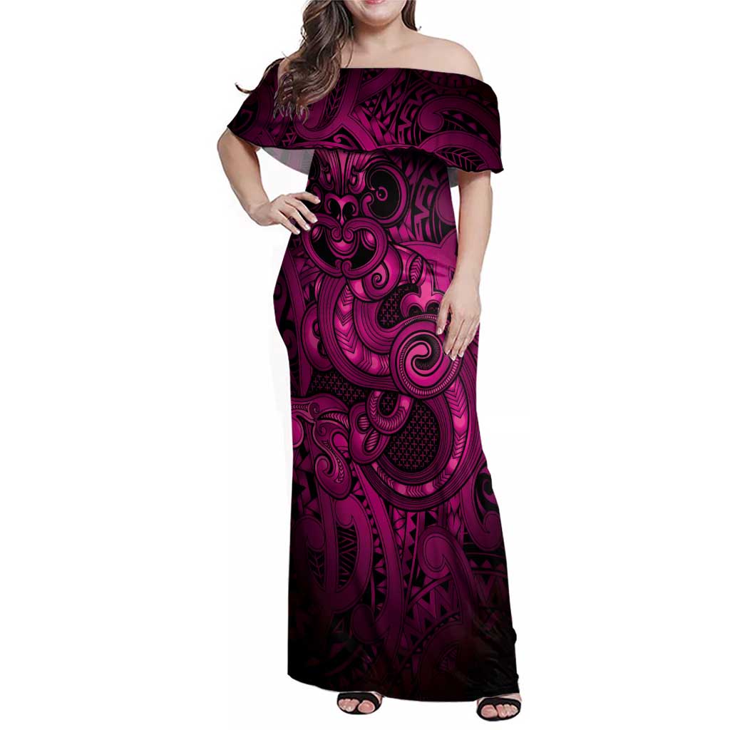 Aotearoa Maori Hei Tiki Family Matching Off Shoulder Maxi Dress and Hawaiian Shirt Mawhero Kowhaiwhai Puhoro Motif LT9 Mom's Dress Pink - Polynesian Pride