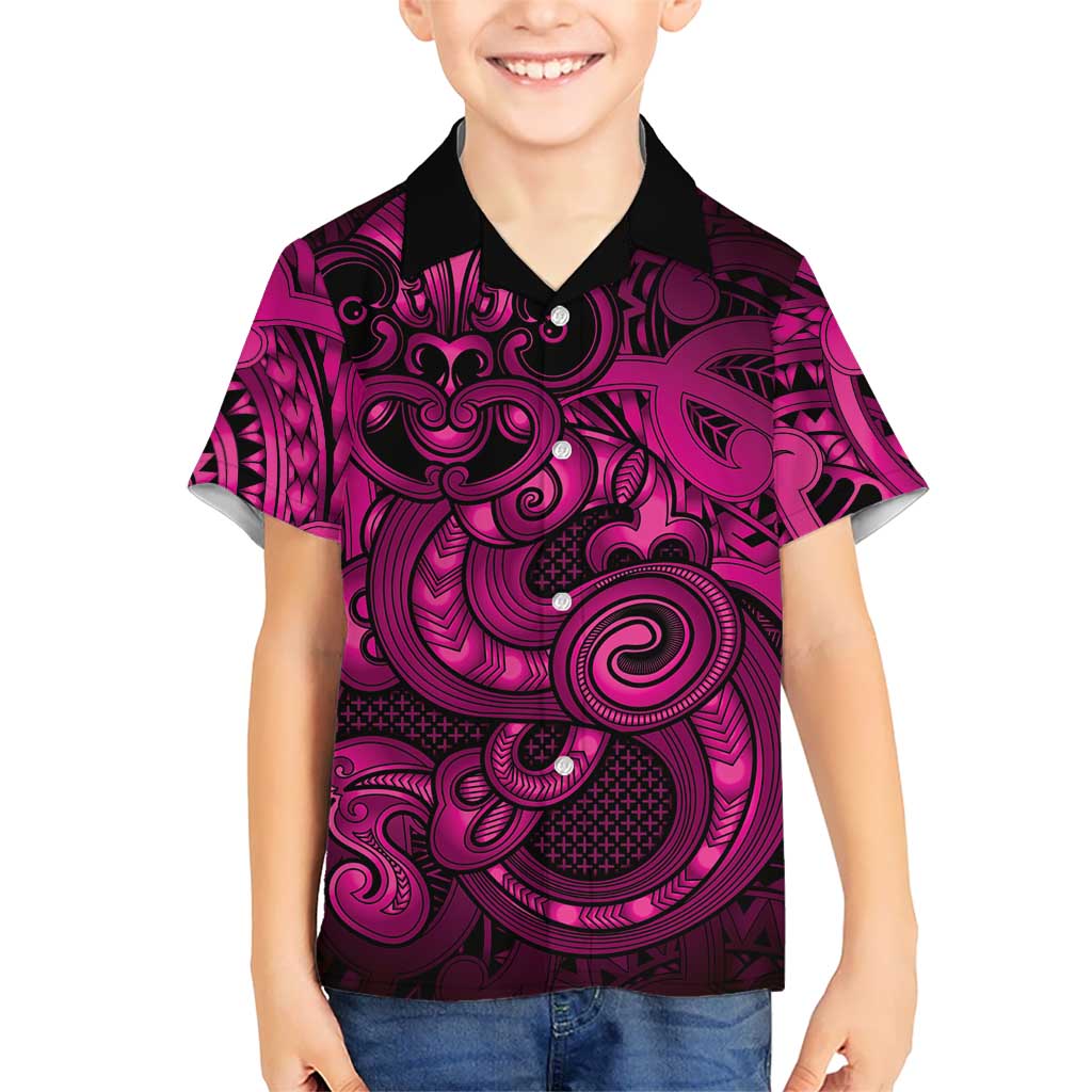 Aotearoa Maori Hei Tiki Family Matching Off Shoulder Maxi Dress and Hawaiian Shirt Mawhero Kowhaiwhai Puhoro Motif LT9 Son's Shirt Pink - Polynesian Pride