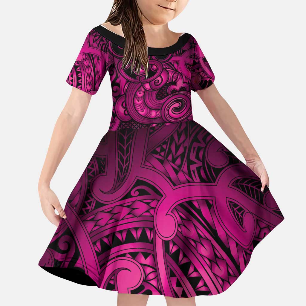 Aotearoa Maori Hei Tiki Family Matching Summer Maxi Dress and Hawaiian Shirt Mawhero Kowhaiwhai Puhoro Motif LT9 Daughter's Dress Pink - Polynesian Pride