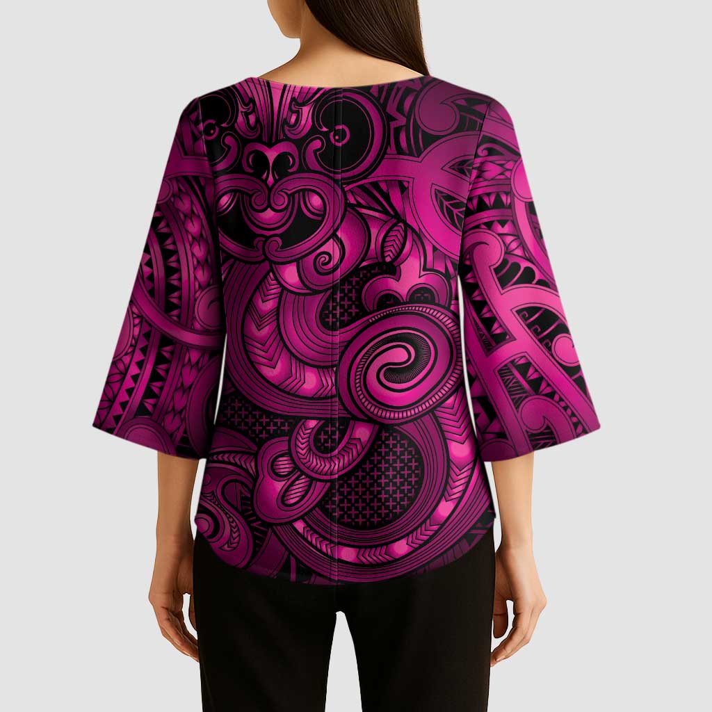 Aotearoa Maori Hei Tiki Kimono Sleeve Blouse Mawhero Kowhaiwhai Puhoro Motif