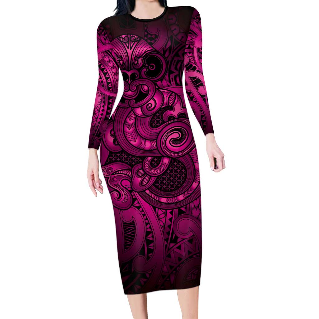 Aotearoa Maori Hei Tiki Long Sleeve Bodycon Dress Mawhero Kowhaiwhai Puhoro Motif LT9 Long Dress Pink - Polynesian Pride