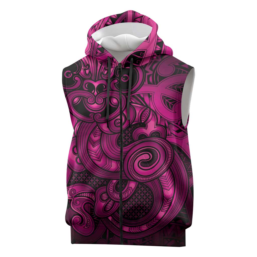 Aotearoa Maori Hei Tiki Sleeveless Zip Hoodie Mawhero Kowhaiwhai Puhoro Motif LT9 Pink - Polynesian Pride