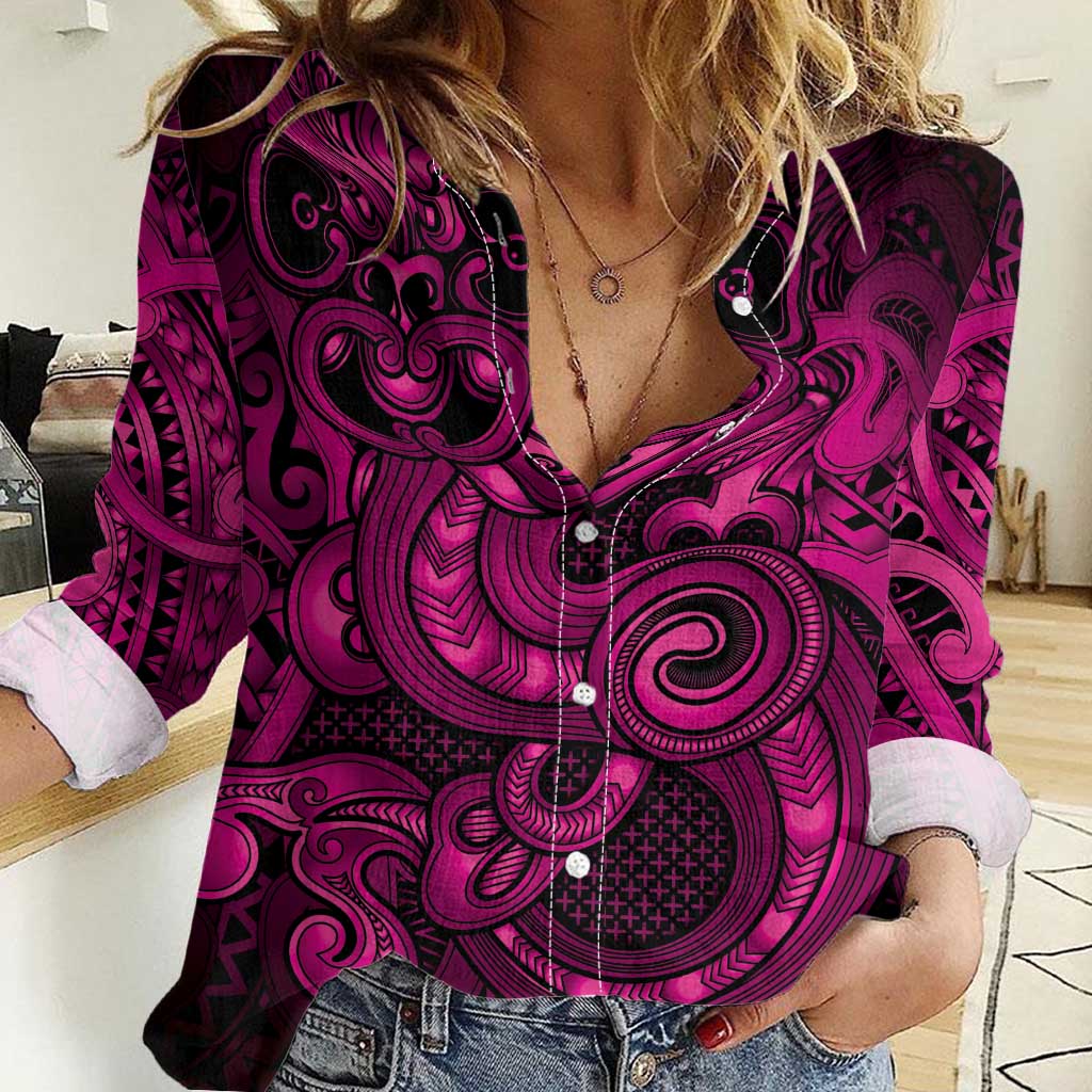 Aotearoa Maori Hei Tiki Women Casual Shirt Mawhero Kowhaiwhai Puhoro Motif LT9 Female Pink - Polynesian Pride