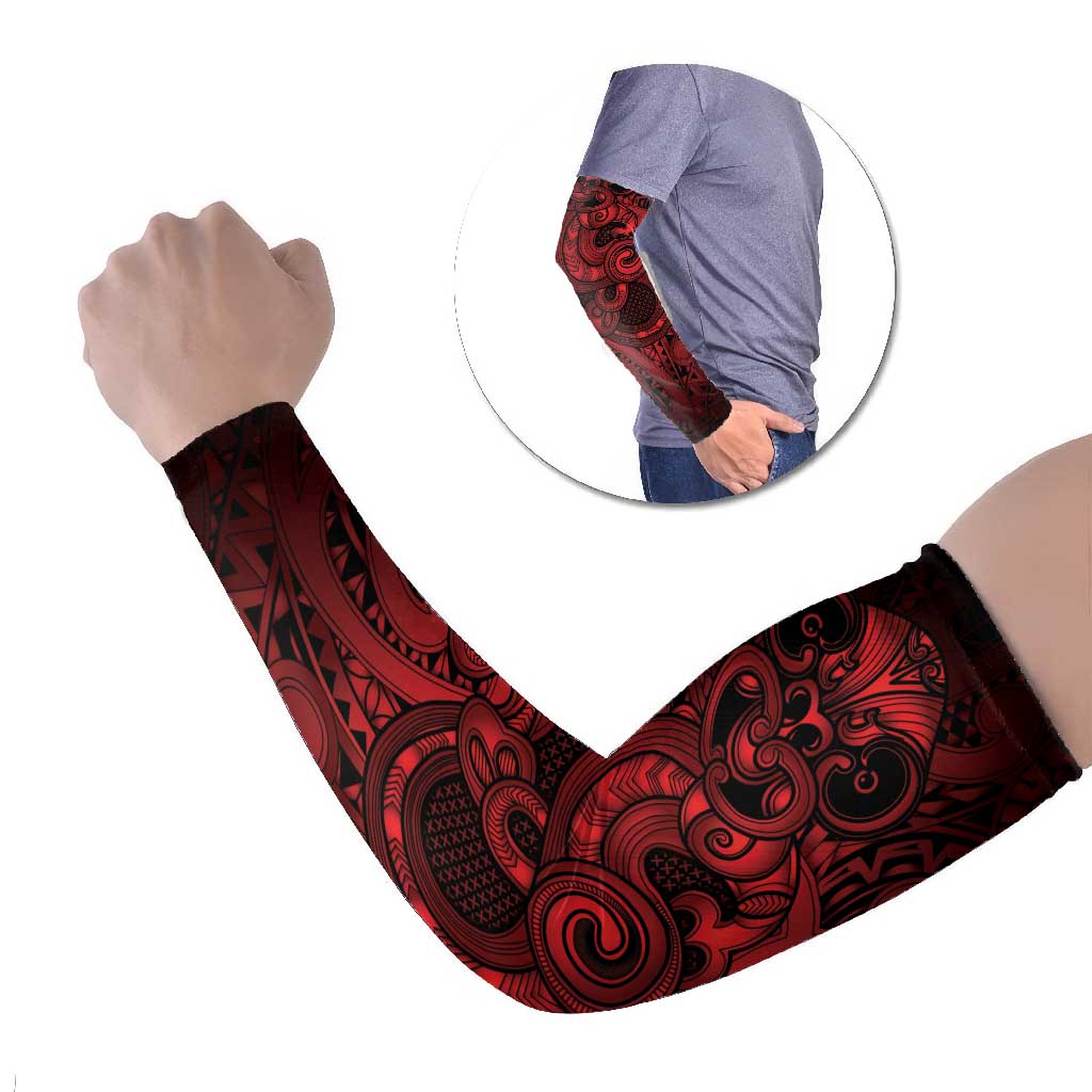 Aotearoa Maori Hei Tiki Arm Sleeves Whero Kowhaiwhai Puhoro Motif LT9 Set of 2 Red - Polynesian Pride