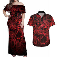 Aotearoa Maori Hei Tiki Couples Matching Off Shoulder Maxi Dress and Hawaiian Shirt Whero Kowhaiwhai Puhoro Motif LT9 Red - Polynesian Pride