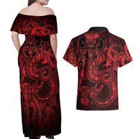 Aotearoa Maori Hei Tiki Couples Matching Off Shoulder Maxi Dress and Hawaiian Shirt Whero Kowhaiwhai Puhoro Motif LT9 - Polynesian Pride
