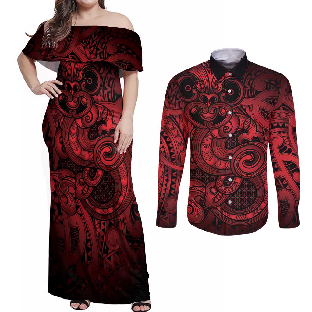 Aotearoa Maori Hei Tiki Couples Matching Off Shoulder Maxi Dress and Long Sleeve Button Shirt Whero Kowhaiwhai Puhoro Motif