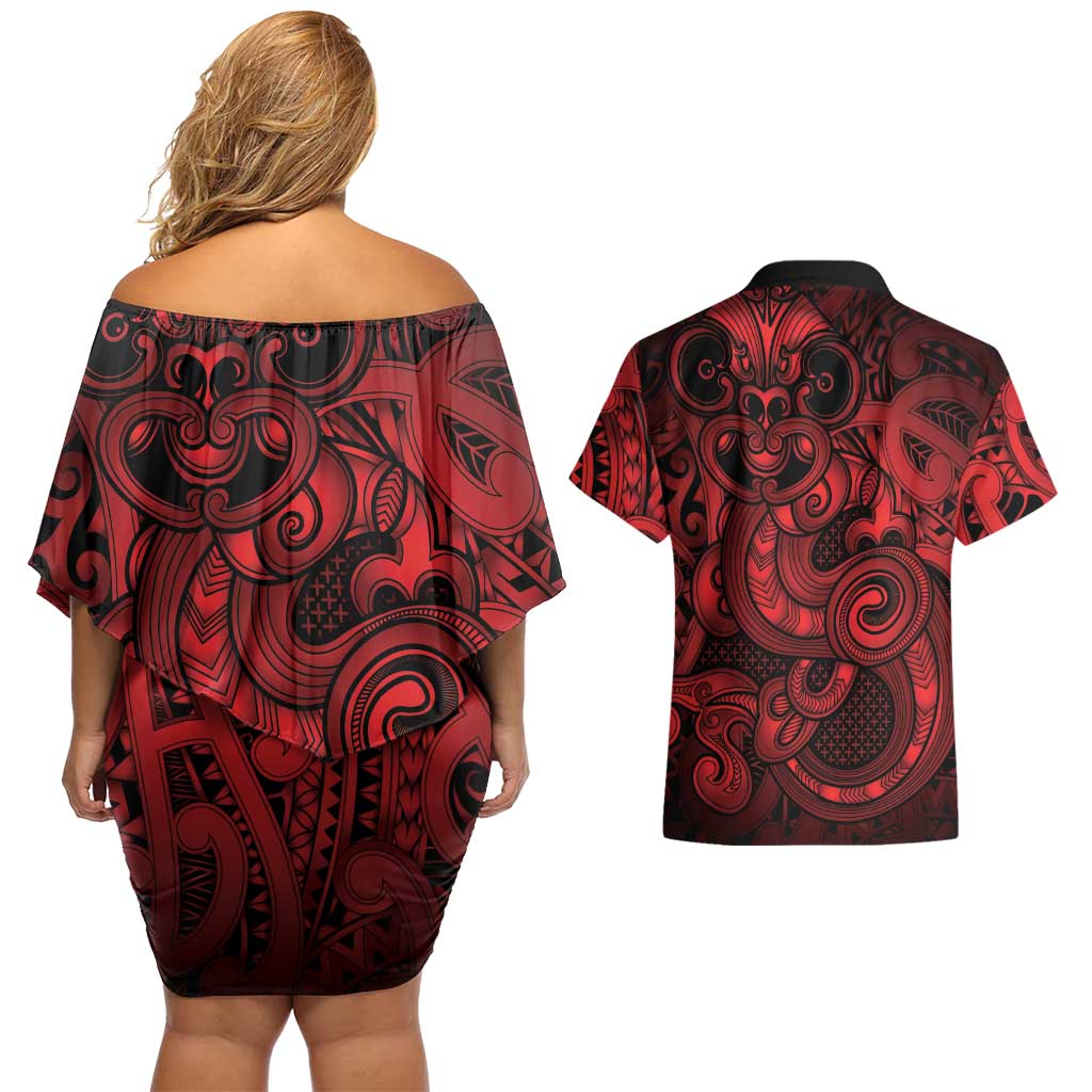Aotearoa Maori Hei Tiki Couples Matching Off Shoulder Short Dress and Hawaiian Shirt Whero Kowhaiwhai Puhoro Motif LT9 - Polynesian Pride