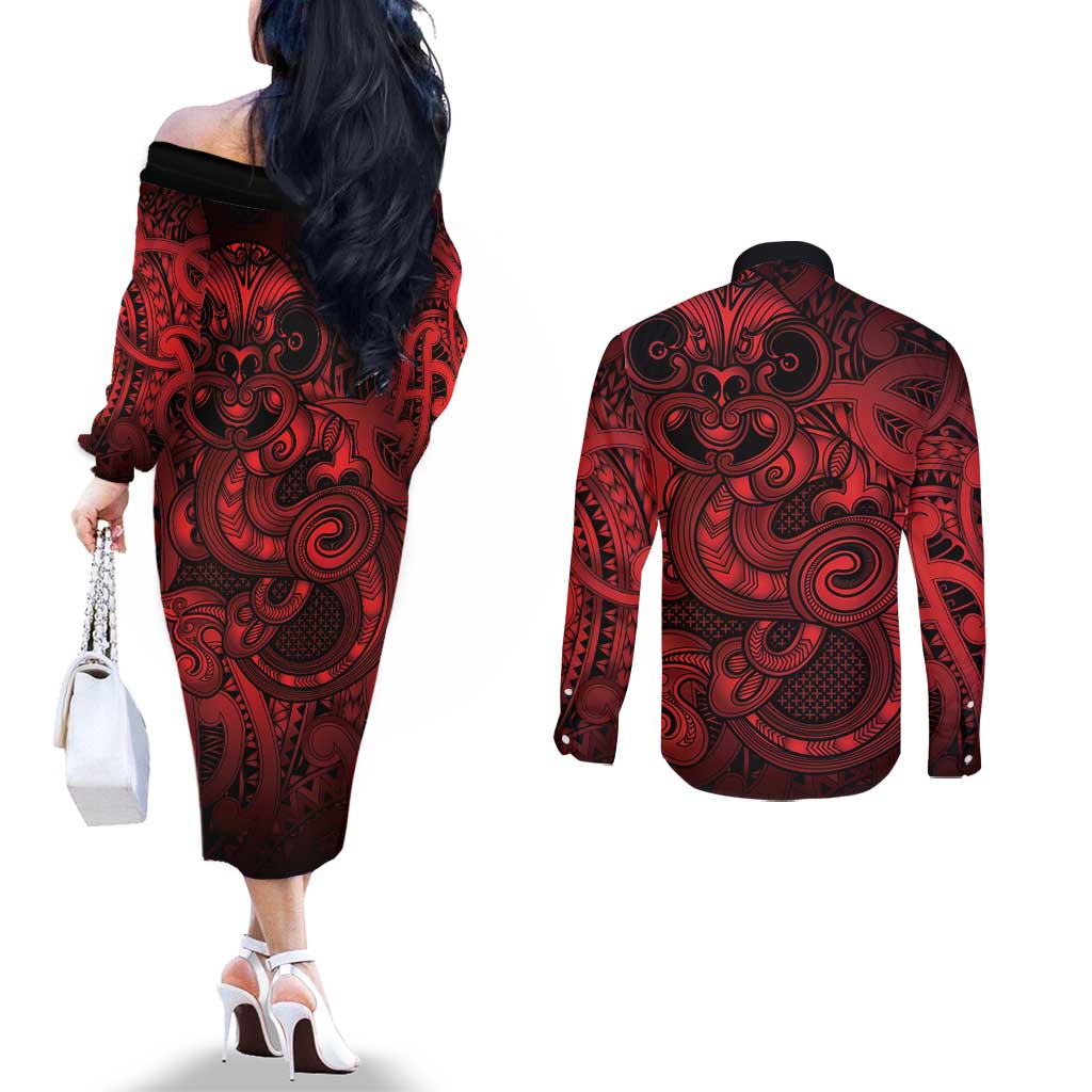 Aotearoa Maori Hei Tiki Couples Matching Off The Shoulder Long Sleeve Dress and Long Sleeve Button Shirt Whero Kowhaiwhai Puhoro Motif LT9 - Polynesian Pride