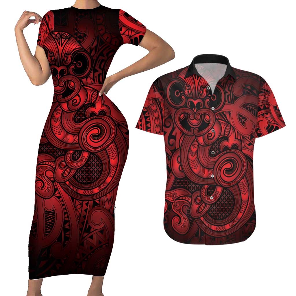 Aotearoa Maori Hei Tiki Couples Matching Short Sleeve Bodycon Dress and Hawaiian Shirt Whero Kowhaiwhai Puhoro Motif LT9 Red - Polynesian Pride