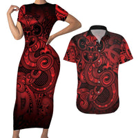 Aotearoa Maori Hei Tiki Couples Matching Short Sleeve Bodycon Dress and Hawaiian Shirt Whero Kowhaiwhai Puhoro Motif LT9 Red - Polynesian Pride