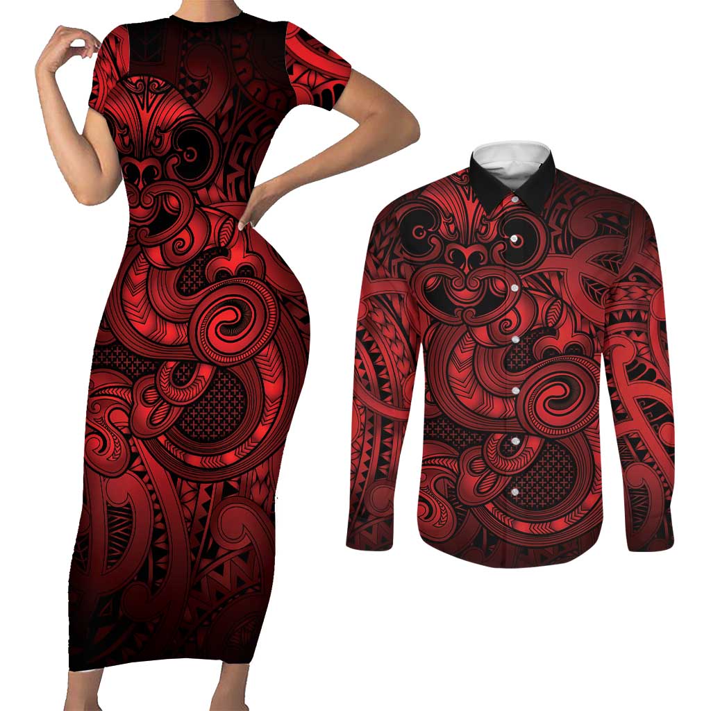 Aotearoa Maori Hei Tiki Couples Matching Short Sleeve Bodycon Dress and Long Sleeve Button Shirt Whero Kowhaiwhai Puhoro Motif