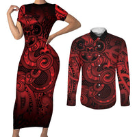 Aotearoa Maori Hei Tiki Couples Matching Short Sleeve Bodycon Dress and Long Sleeve Button Shirt Whero Kowhaiwhai Puhoro Motif LT9 Red - Polynesian Pride