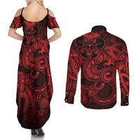 Aotearoa Maori Hei Tiki Couples Matching Summer Maxi Dress and Long Sleeve Button Shirt Whero Kowhaiwhai Puhoro Motif LT9 - Polynesian Pride
