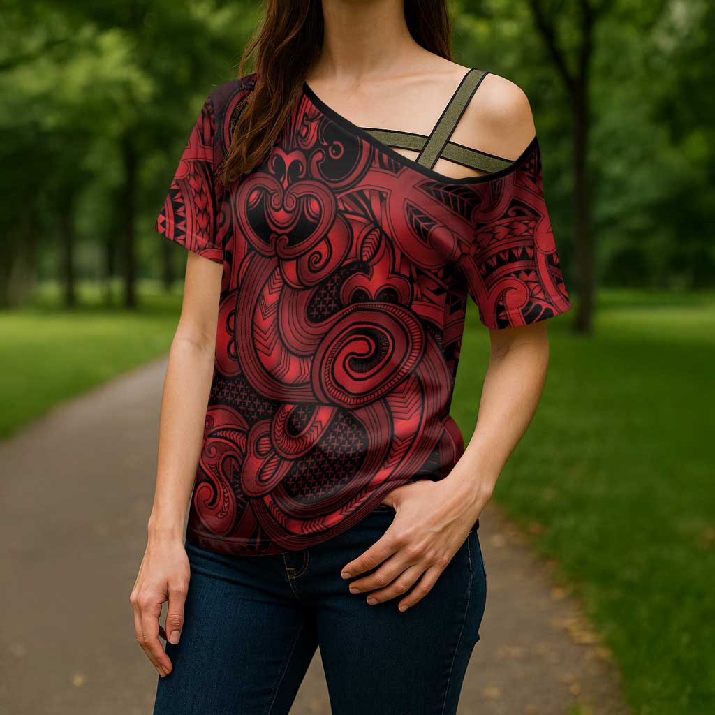 Aotearoa Maori Hei Tiki Cross Shoulder Shirt Whero Kowhaiwhai Puhoro Motif
