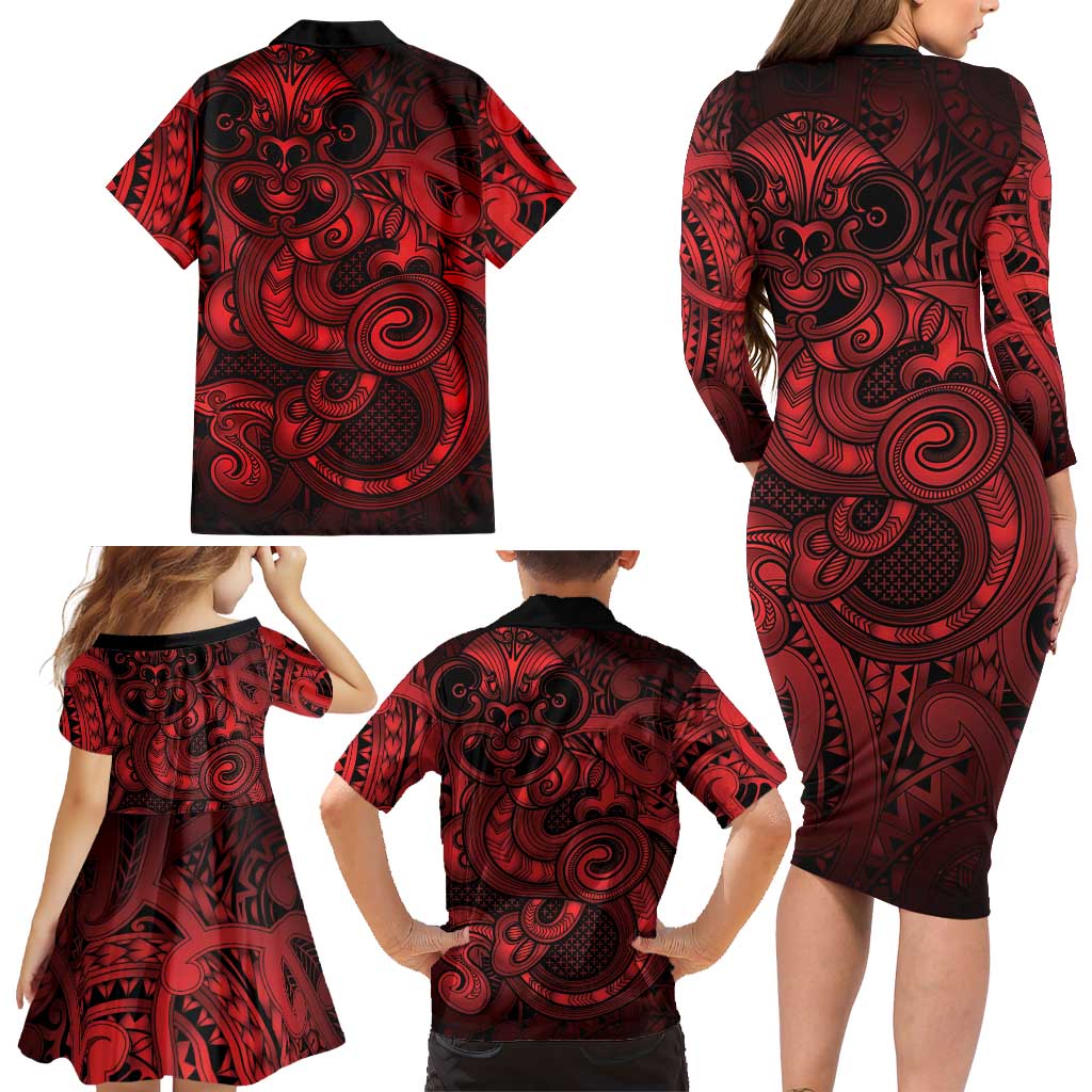 Aotearoa Maori Hei Tiki Family Matching Long Sleeve Bodycon Dress and Hawaiian Shirt Whero Kowhaiwhai Puhoro Motif LT9 - Polynesian Pride