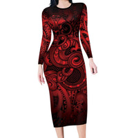 Aotearoa Maori Hei Tiki Family Matching Long Sleeve Bodycon Dress and Hawaiian Shirt Whero Kowhaiwhai Puhoro Motif LT9 Mom's Dress Red - Polynesian Pride