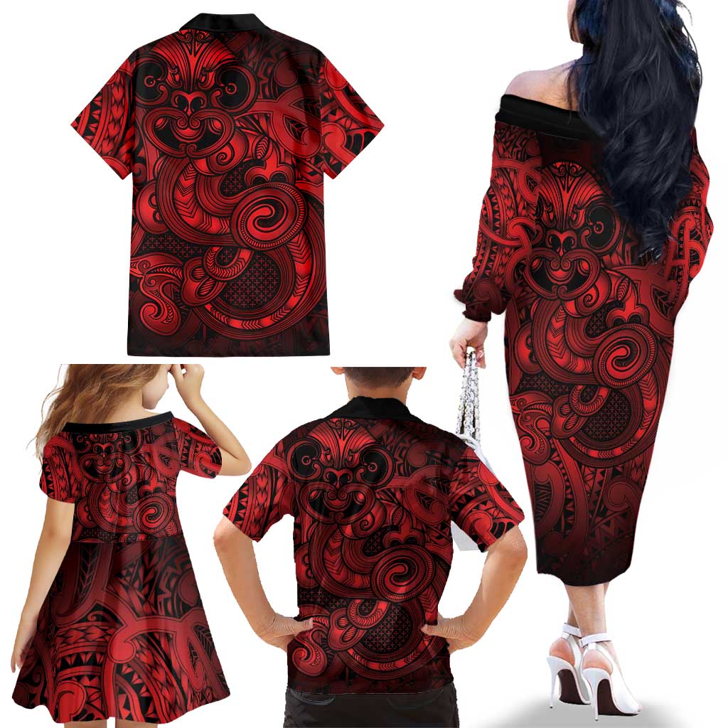 Aotearoa Maori Hei Tiki Family Matching Off The Shoulder Long Sleeve Dress and Hawaiian Shirt Whero Kowhaiwhai Puhoro Motif LT9 - Polynesian Pride