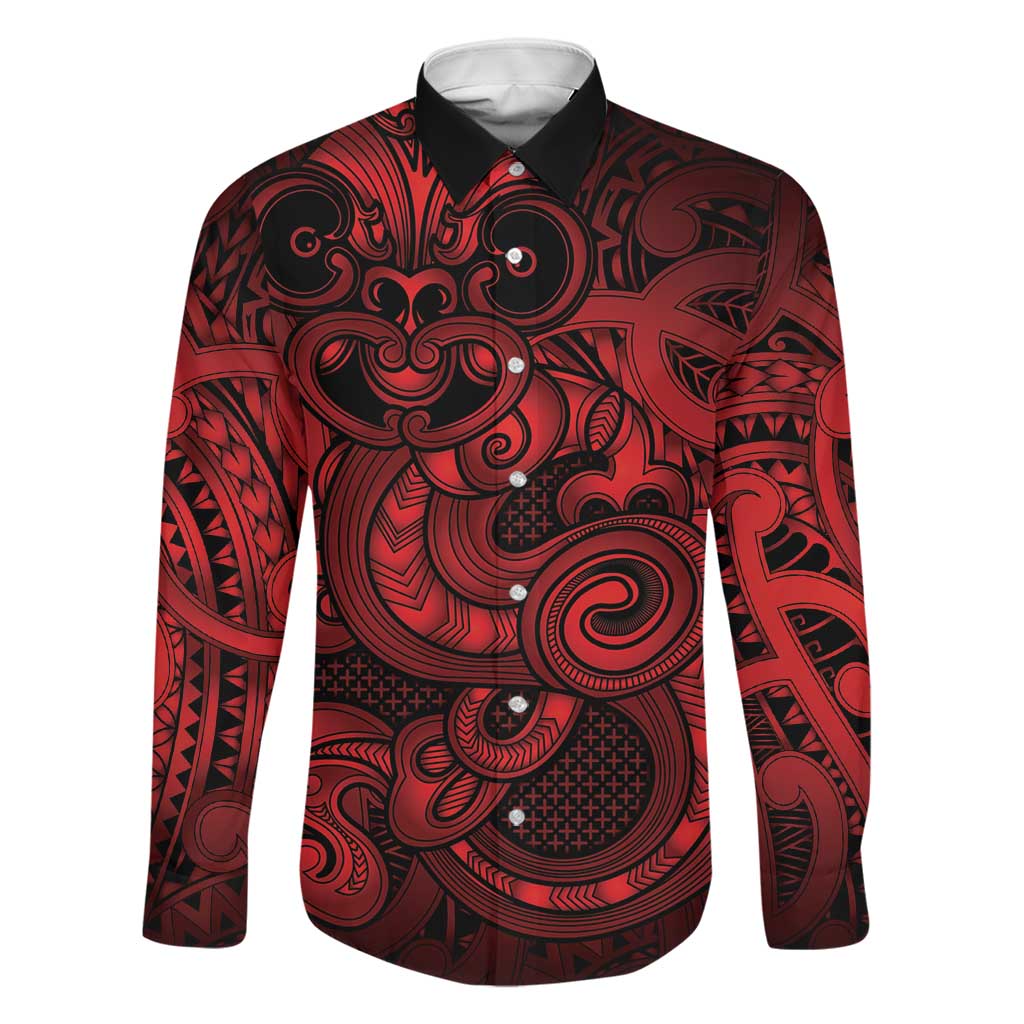 Aotearoa Maori Hei Tiki Family Matching Off The Shoulder Long Sleeve Dress and Hawaiian Shirt Whero Kowhaiwhai Puhoro Motif LT9 Dad's Shirt - Long Sleeve Red - Polynesian Pride