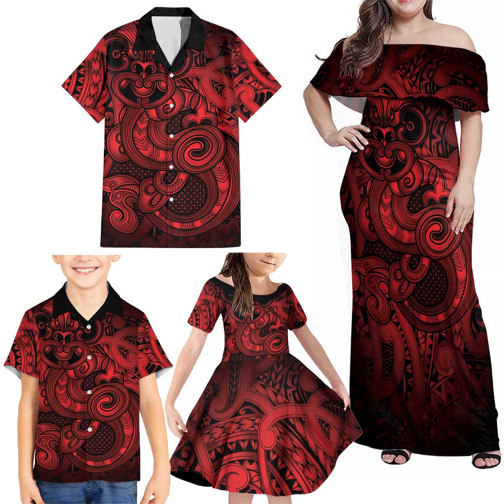 Aotearoa Maori Hei Tiki Family Matching Off Shoulder Maxi Dress and Hawaiian Shirt Whero Kowhaiwhai Puhoro Motif