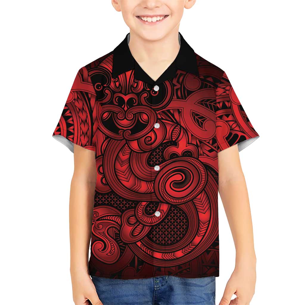 Aotearoa Maori Hei Tiki Family Matching Off Shoulder Maxi Dress and Hawaiian Shirt Whero Kowhaiwhai Puhoro Motif LT9 Son's Shirt Red - Polynesian Pride